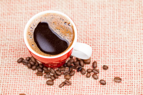 Preview: Coffee Beans And Cup With Coffee With Burlap Texture