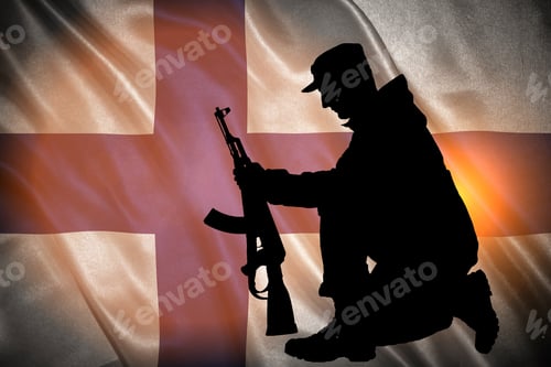 Preview: Flag With Original Proportions. Closeup Of Grunge Flag Of Finland With The Silhouette Of A Soldier