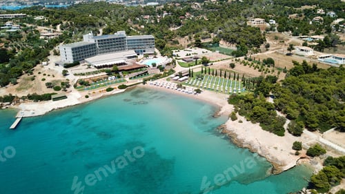 Preview: Aerial Drone Bird'S Eye View Of Famous Hinitsa Bay With Small Paradise Island In Porto Heli With