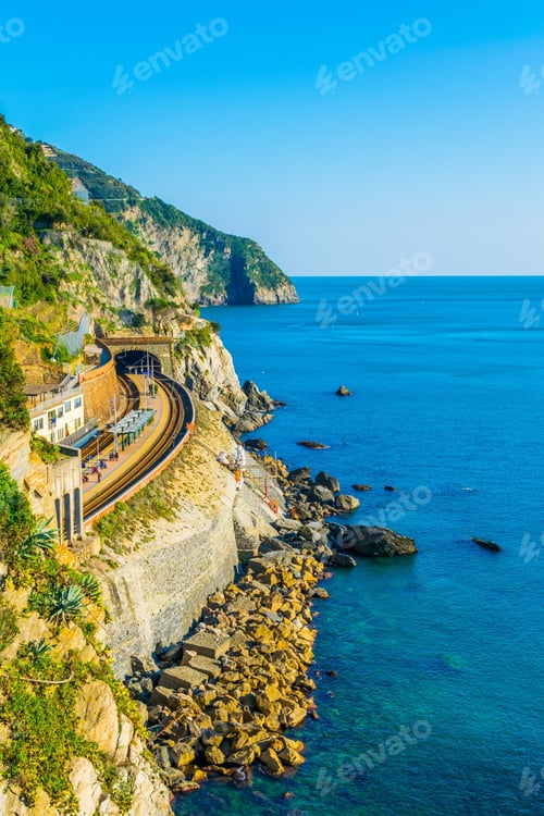 Preview: View Of Coastline Of Cinque Terre National Park With A Railroad Leading To Manarola Village In