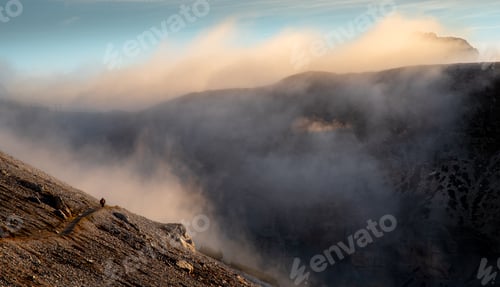 Preview: Unrecognised Man Trekking Late In The Evening At The Hikking Path Of The Picturesque Dolomites At