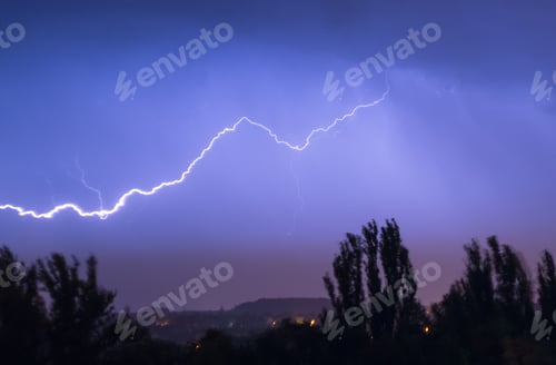Preview: Night Lightning Storm Over City In Blue Dramatic Lighting
