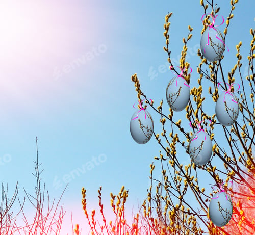 Preview: Willow Branch Against The Blue Sky. Spring Landscape. Easter Eggs
