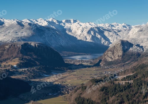 Preview: Amazing View From Valentinov Razglednik View Point. Villages At Bohinj Lake Under The Snowy