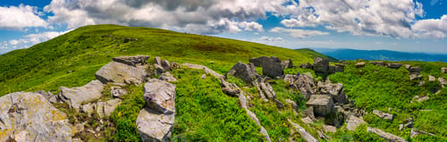 Preview: Panorama Of Runa Mountain With Rocks On Hillside. Gorgeous Landscape Of Amazing Carpathian