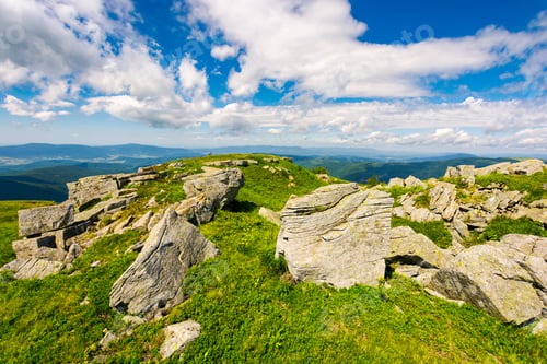 Preview: Huge Boulders On The Edge Of Hillside. Fine Weather In Summer Mountain Landscape
