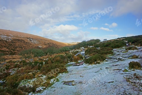 Preview: A Panorama Winter Scene With Light Snow Covering The Moor Looking Towards Wistman'S Wood, An