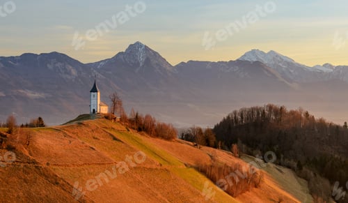 Preview: Church On The Hill In The Early Morning. Beautiful Sunrise With Orange And Red Tones.