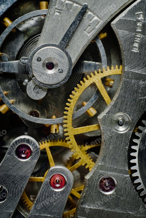 Preview: Part Of Clockwork With Gears, Spring, Ruby. Steel And Brass