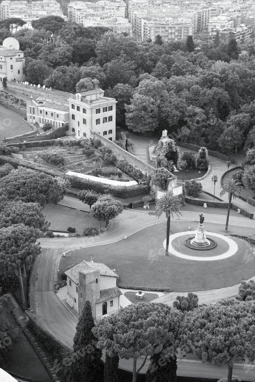 Preview: Vatican Gardens - Beautiful Ornamental Park Area In Rome, Italy. Black And White Retro Style