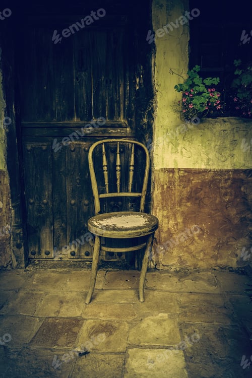Preview: Old Abandoned Wooden Chair, Detail Of Ruin And Loneliness