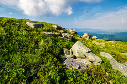 Preview: Grassy Hill With Lots Of Boulders. Lovely Mountainous Landscape. Fine Summer Weather