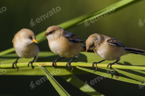 Preview: Lovely Birds. Cute Little Birds; Bearded Reedling. Dark Green Nature Background. Birds: Panurus