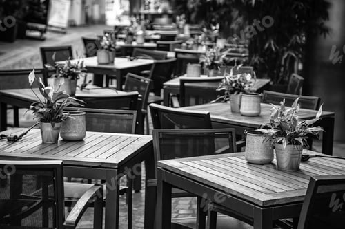 Preview: Terrace Tables In A Bar, Detail Of Relaxation And Consumption Of Drinks In The City