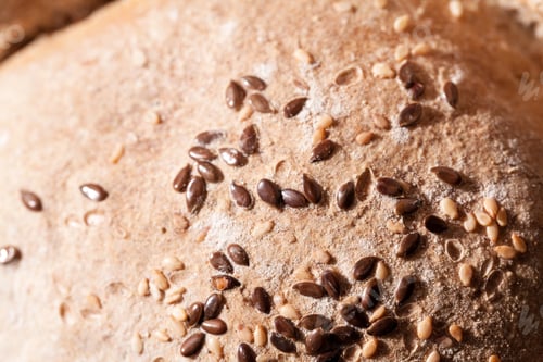 Preview: Organic Home Made Bread With Flax Seeds And Rural Background