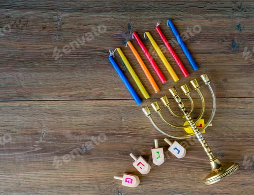 Preview: Hanukkah Menorah With Candles And Wood Dreidels.