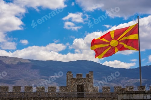 Preview: Flag Of Macedonia Fluttering In A Wind Over Walls Of The Castle Samuil, Located Above Ohrid Lake
