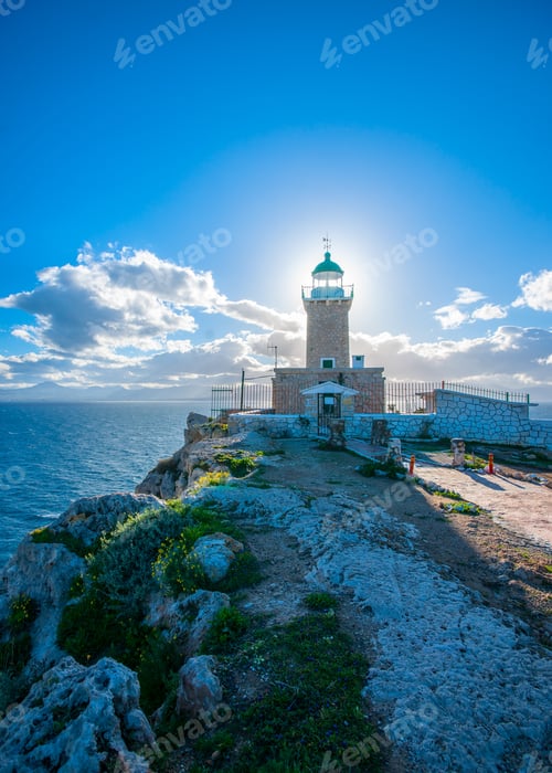 Preview: Very Old Beautiful Stone Made Navy Lighthouse At Heraion Cape Near Perachora Village In Greece