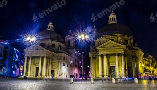 Preview: Night View Of Two Churches Situated On Piazza Del Popolo In Italian Capital Rome.