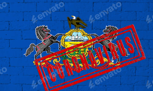 Preview: Flag Of The State Of Pennsylvania Painted On Grungy Brick Wall Background. With Stamp Coronavirus