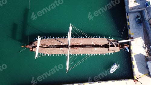 Preview: Aerial Drone Photo Of Ancient Greek Warship Full Scale Replica Trireme In Port Of Faliro, Attica