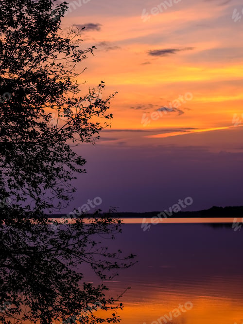 Preview: Colorful Sunset By The Lake With Tree Silhouettes And Red Sky In Background