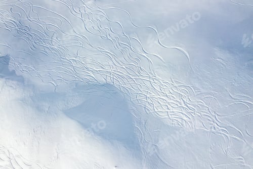 Preview: Aerial View Of Ski Tracks In Snow. Backcountry Skiing In Powder, Leaving Trails In Snow.
