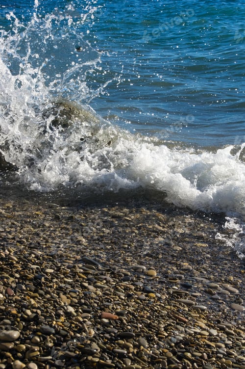 Preview: Rocky Sea Shore With Pebble Beach, Waves With Foam