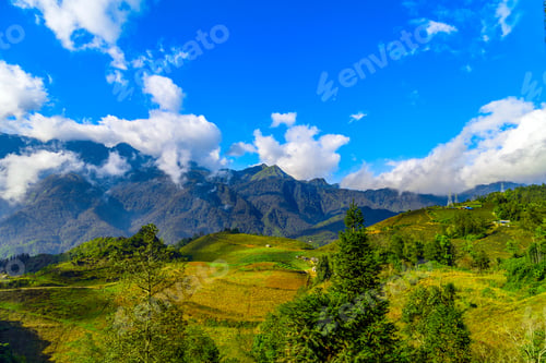 Preview: Dramatic Clouds Sky, Natural Landscape Mountain Range At Foggy Summer Morning, Green Nature