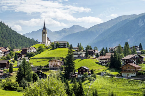 Preview: Summer Scenery Of Beautiful Schmitten Village In Graubünden, Switzerland, With View Of Houses On