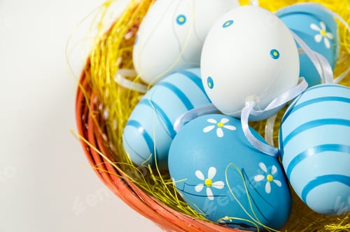 Preview: Blue White Easter Eggs In Basket Isolated