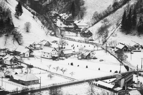 Preview: Winter Mountain Landscape With Villages. Black And White Photography