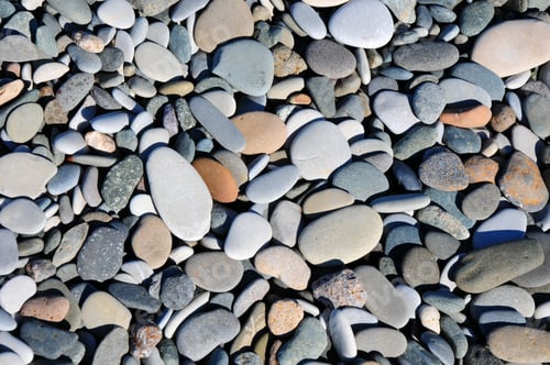 Vorschau: Bunte Strandkiesel unterschiedlicher Form und Größe in hellem Sonnenlicht