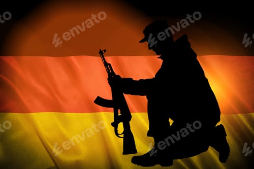 Preview: Flag With Original Proportions. Closeup Of Grunge Flag Of Germany With The Silhouette Of A Soldier
