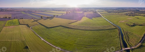 Preview: Aerial: Fields And Windmills In Sunset Light. Drone View