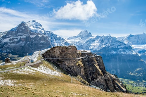 Preview: Landscape Of First Cable Car Top Station With Round Steel Catwalk Over Snowy Alps Above