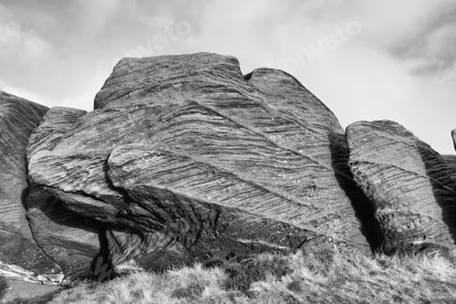 Preview: Dramatic Cross Bedded-Gritstone Cropping Out At The Roaches In Staffordshire, England. Photographed