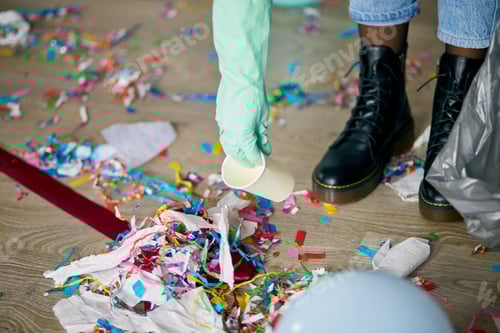 Preview: Woman Cleaning Mess Of Floor In Room After Party, Removes Garbage From The Floor, Disposable Cups