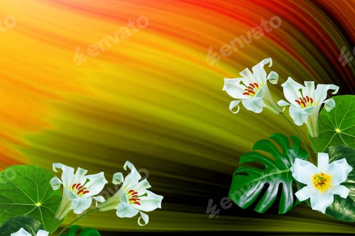 Preview: Bright Lily Flowers. Green Leaf Of A Tropical Flower Monstera. Natural Floral Background.