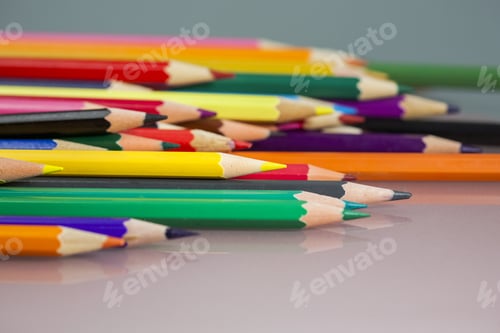 Preview: Group Of Sharp Colored Pencils With Reflexions