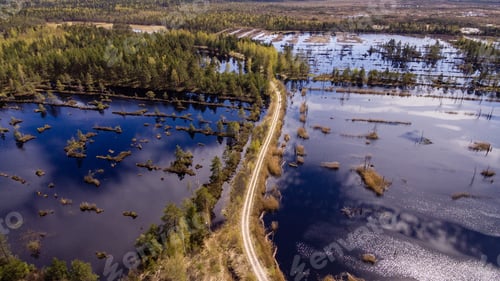 Preview: Drone Image. Aerial View Of Rural Area With Swamp Lakes With Blue Water - Panoramic Image