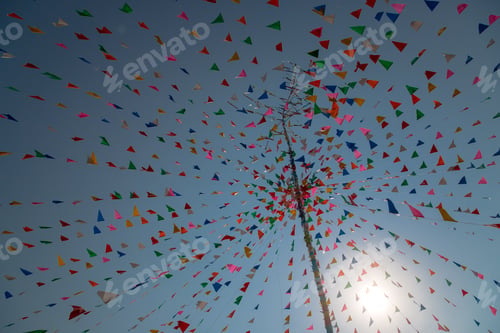 Preview: Multi-Color Triangle Pray Flags At Thai Celebration Festival With Cloud And Blue Sky Background
