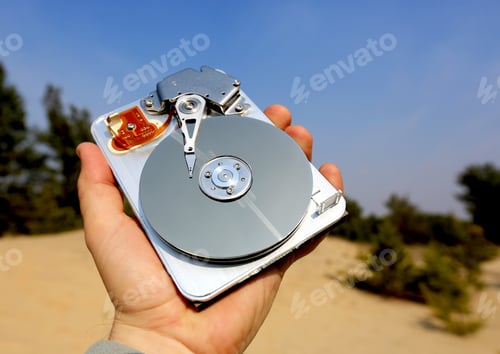 Preview: Broken Computer Hard Disk In Man Hand In Forest