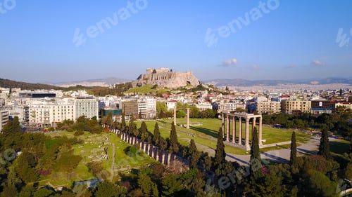 Preview: Aerial Birds Eye View Photo Taken By Drone Of Iconic Pillars Of Temple Of Zeus And Acropolis Hill