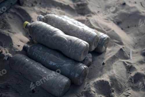 Preview: Horizontal Photograph: Plastic Water Bottles Filled With Sand, In A Pile On Sand, Outdoors On A