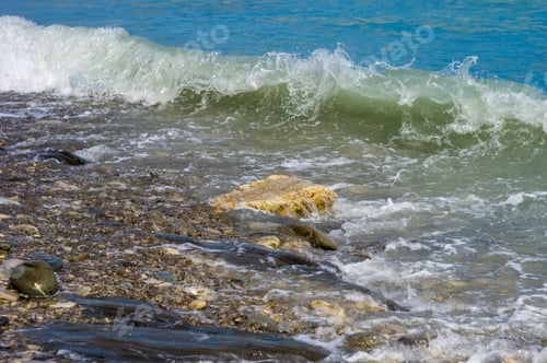 Preview: Pebble Stones On The Sea Beach, The Rolling Waves Of The Sea With Foam