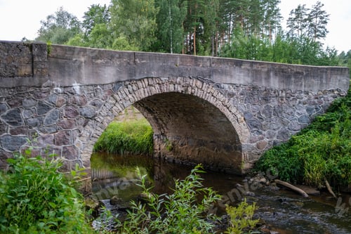 Preview: Metal Concrete Stone Bridge With Rails Over The River