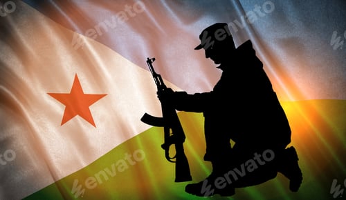Preview: Flag With Original Proportions. Flag Of The Djibouti With The Silhouette Of A Soldier With A Gun