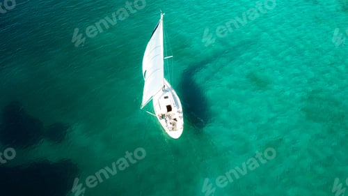 Preview: Aerial Drone, Bird'S Eye View Of Yacht Cruising In Tropical Turquoise And Sapphire Sea