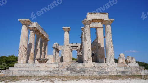Preview: Photo From Iconic Temple Of Aphaia With Veiws To Saronic Gulf In Island Of Aegina At Sunny Spring
